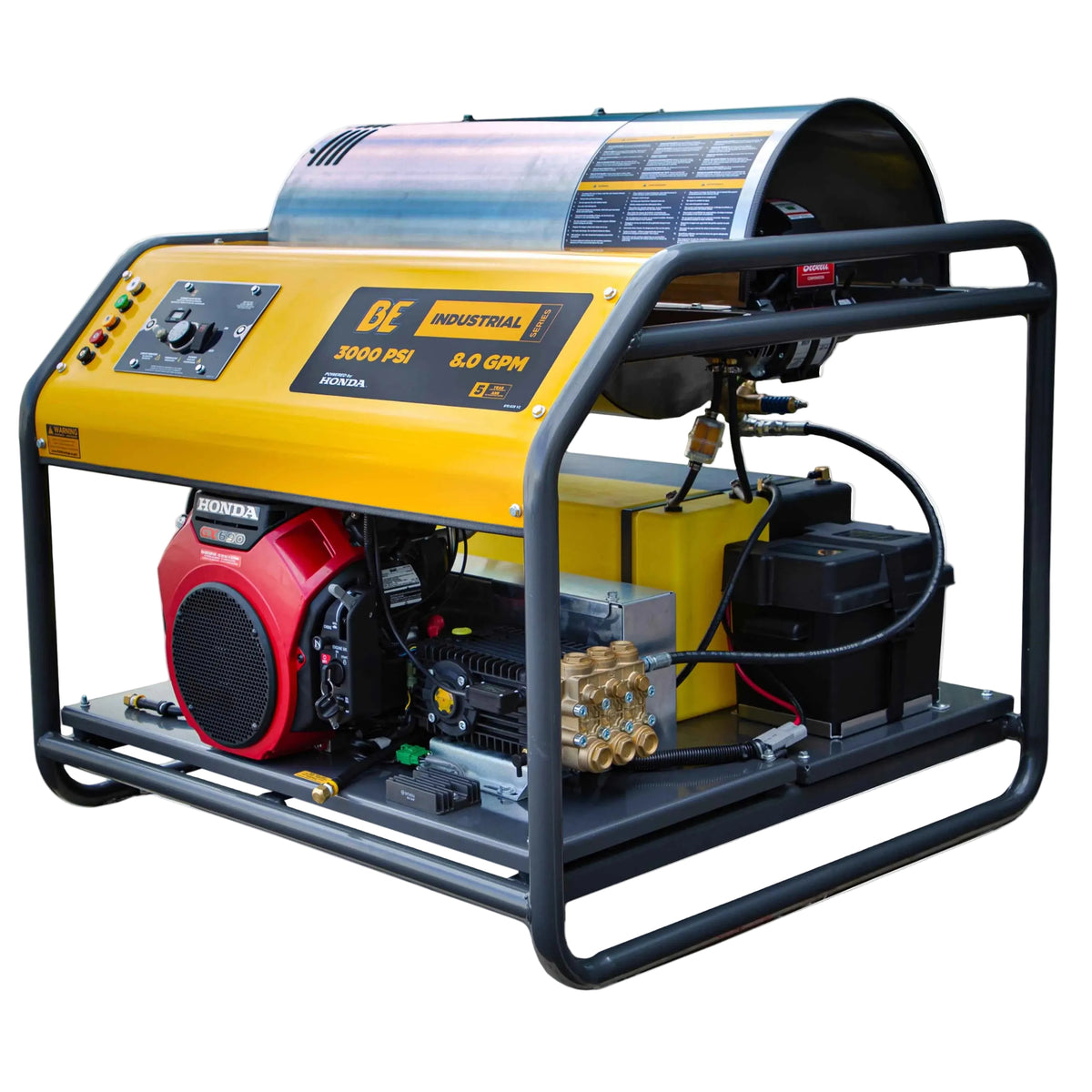 A yellow and black truck/trailer mount hot water pressure washer with a Honda GX690 engine and various components visible, such as the burner, pump, and engine.
