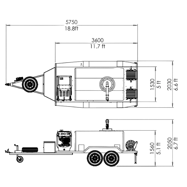 Technical drawing of a jetwave pressure cleaning trailer with dimensions labeled
