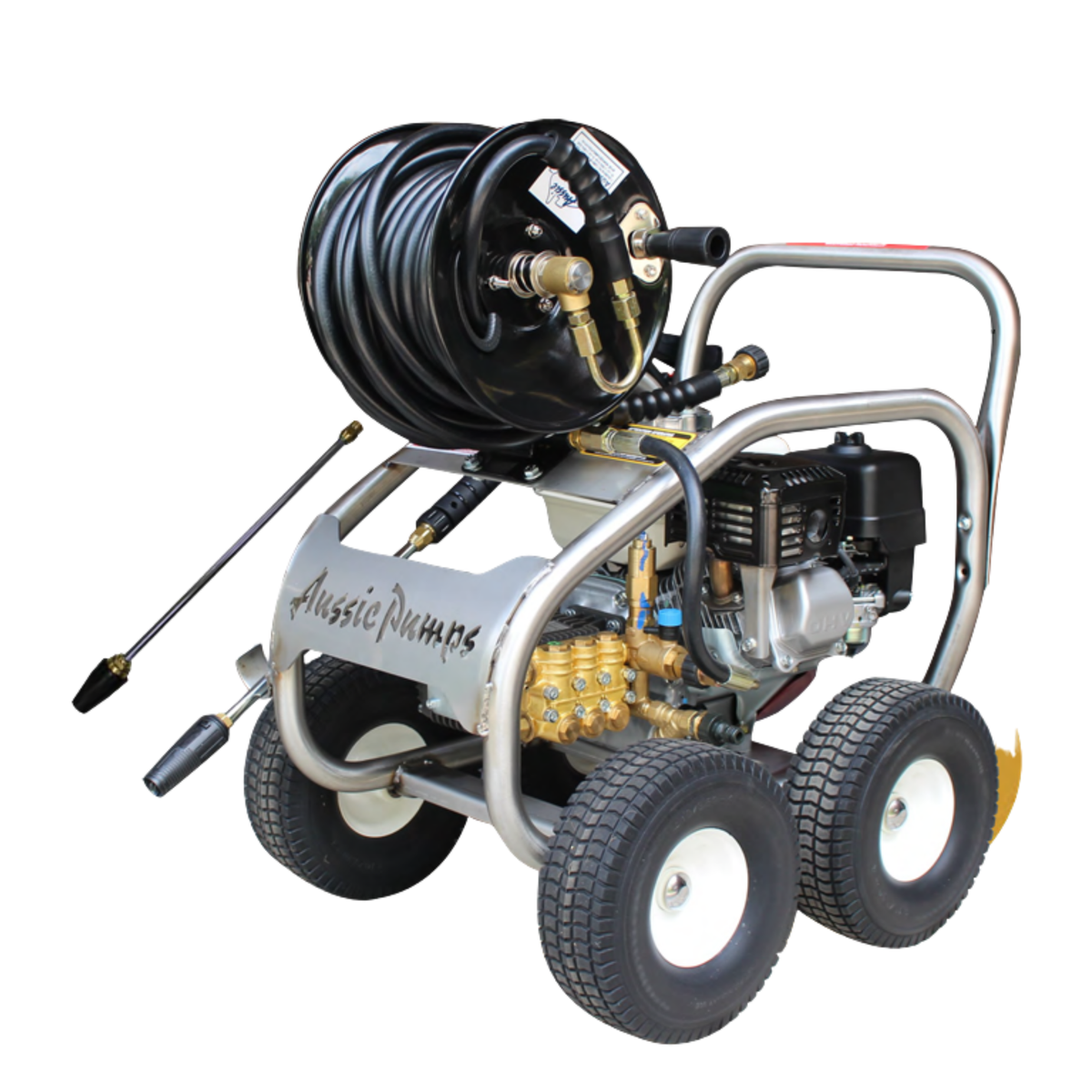 Aussie pumps honda engine Pressure washer with hose reel on a white background