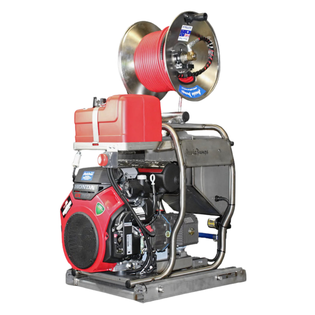 Red and black Aussie pumps plumbing jetter with a hose reel on a white background