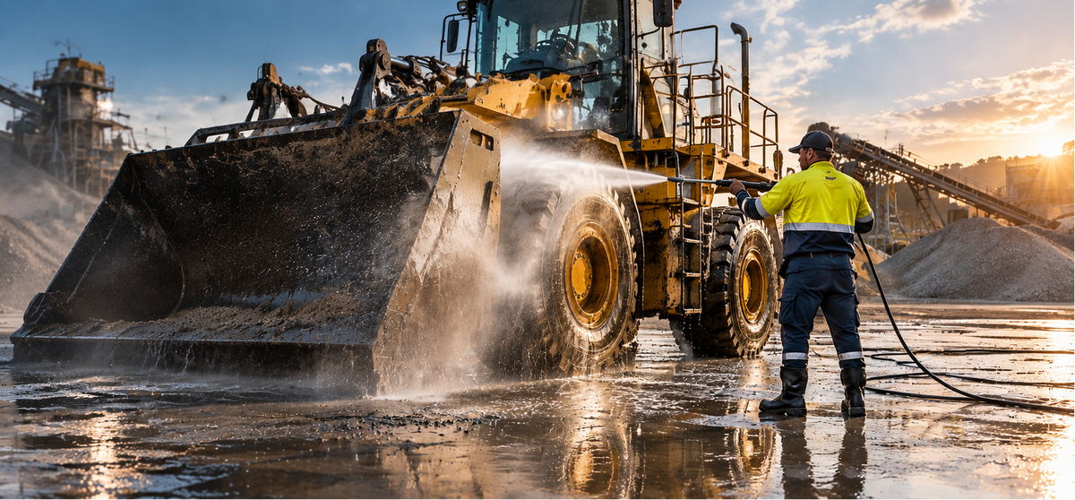 A yellow heavy-duty wheel loader is being washed in a wet industrial site by a pressure cleaner at sunset, with a worker in a high-visibility yellow jacket standing nearby holding a hose.