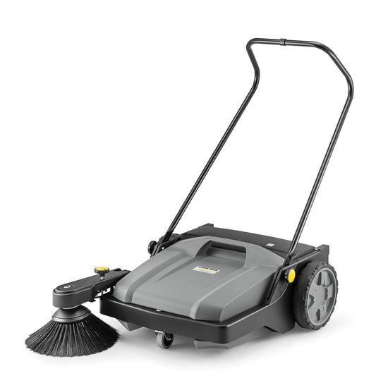 Grey Karcher walk behind push sweeper with side broom