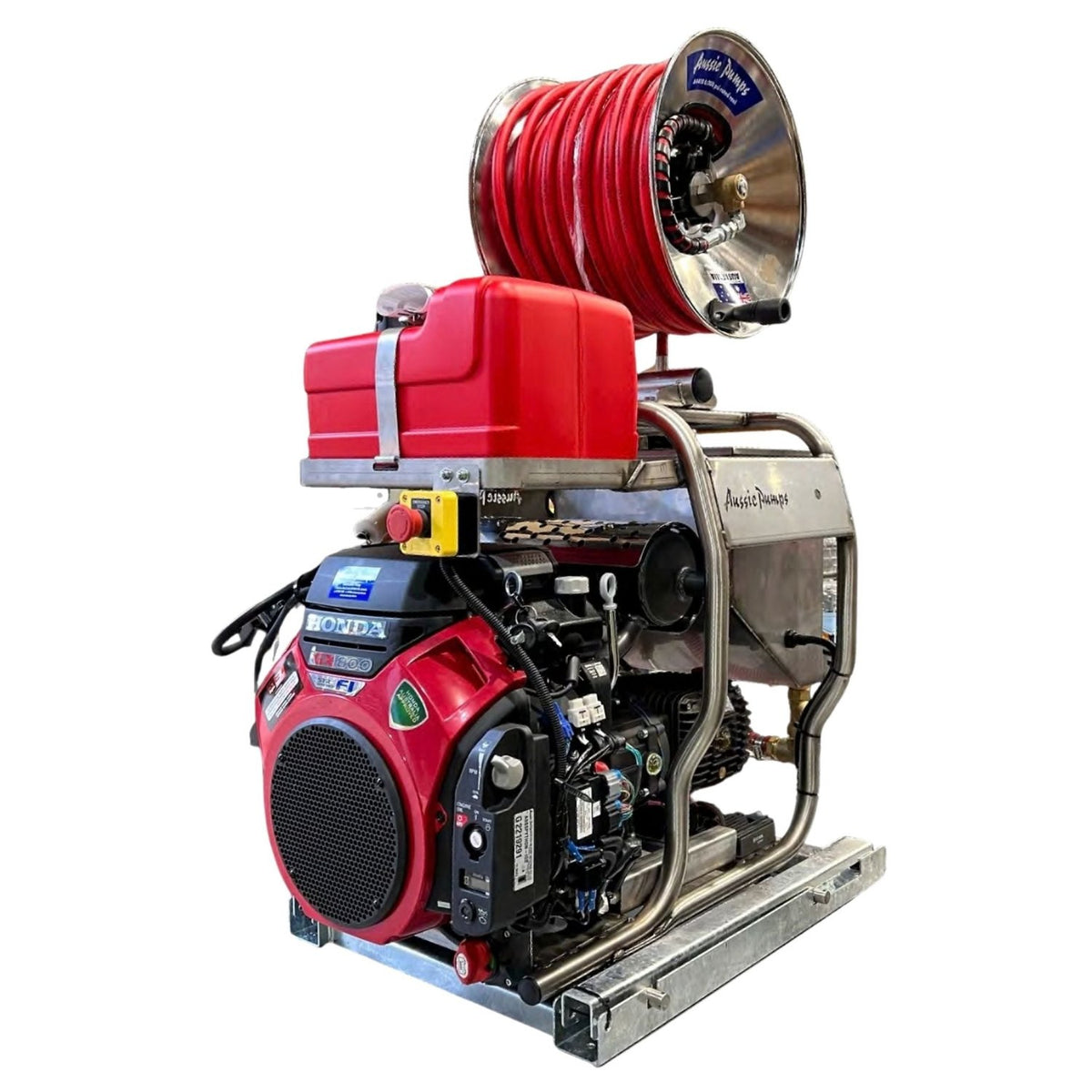 Red and silver Aussie Pumps Python jetter with a large red light on a white background