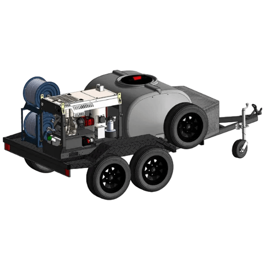 Jetwave Explorer G2D PREMIUM TRAILER Portable pressure washer on a trailer with visible components on a white background