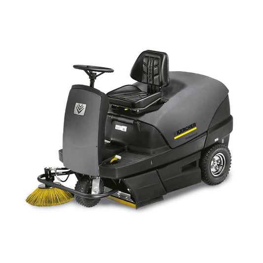 Karcher KM 100/100 RP Ride-On floor sweeper cleaning machine with yellow brush on a white background